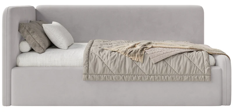 Jugendbett 120x200 cm Fanklo linksseitig mit Matratze, Stauraum und hellgrauen, wasserabweisenden, pflegeleichten Samt-Gittern
