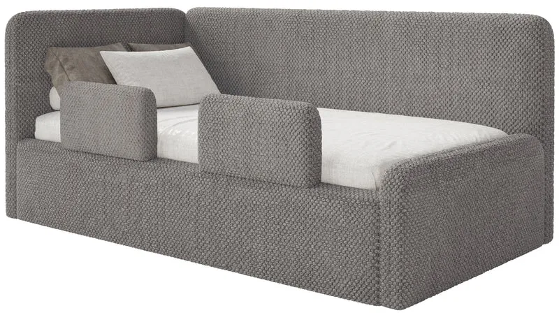 Jugendbett 120x200 cm Fanklo linksseitig mit Matratze, Stauraum und Geländern, grau-brauner Plüsch, wasserabweisend