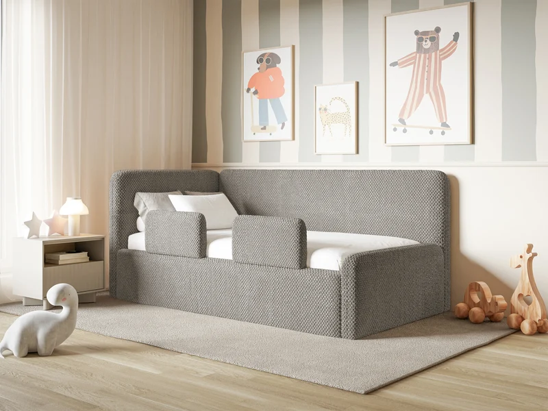 Jugendbett 120x200 cm Fanklo linksseitig mit Matratze, Stauraum und Geländern, grau-brauner Plüsch, wasserabweisend