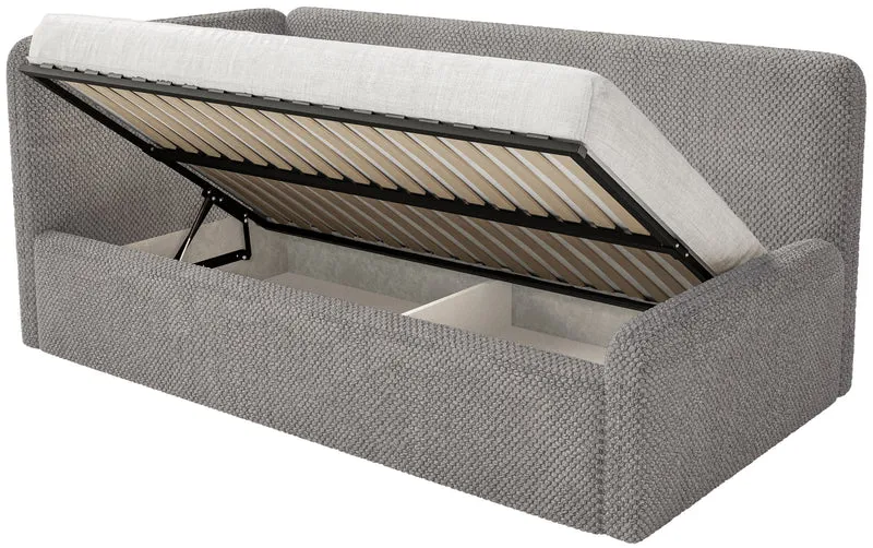 Jugendbett 120x200 cm Fanklo linksseitig mit Matratze und Stauraum, graubrauner hydrophober Plüsch