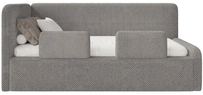 Jugendbett 120x200 cm Fanklo linksseitig mit Matratze, Stauraum und Geländern, grau-brauner Plüsch, wasserabweisend