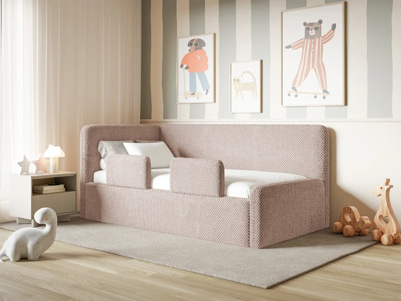 Jugendbett 120x200 cm Fanklo linksseitig mit Matratze, Stauraum und Schutzgittern, puderrosa Plüsch, wasserabweisend