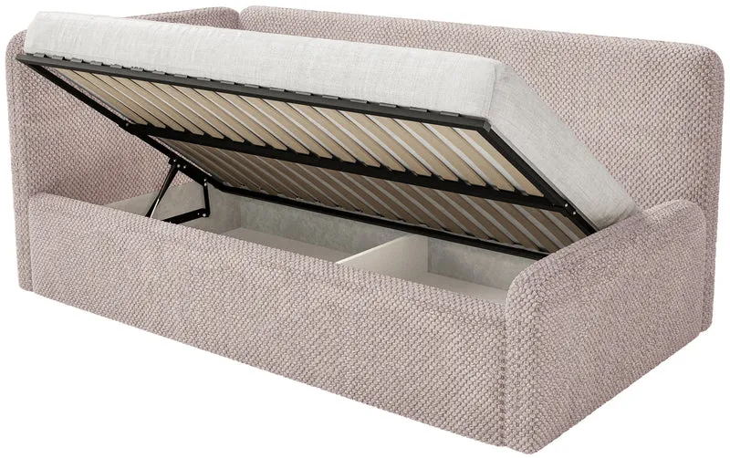 Jugendbett 120x200 cm Fanklo linksseitig mit Matratze, Stauraum und Schutzgittern, puderrosa Plüsch, wasserabweisend