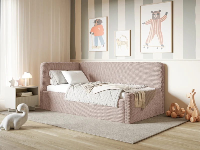 Jugendbett 120x200 cm Fanklo linksseitig mit Matratze, Stauraum und Schutzgittern, puderrosa Plüsch, wasserabweisend