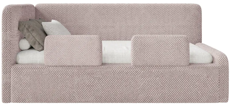 Jugendbett 120x200 cm Fanklo linksseitig mit Matratze, Stauraum und Schutzgittern, puderrosa Plüsch, wasserabweisend