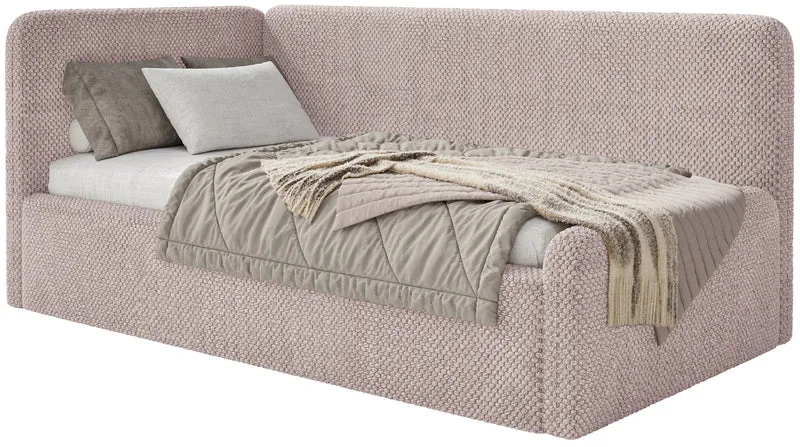 Jugendbett 120x200 cm Fanklo linksseitig mit Matratze, Stauraum und Schutzgittern, puderrosa Plüsch, wasserabweisend