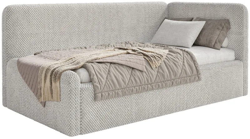 Jugendbett 120x200 cm Fanklo rechtsseitig mit Stauraum, grau-beiger hydrophober Plüsch