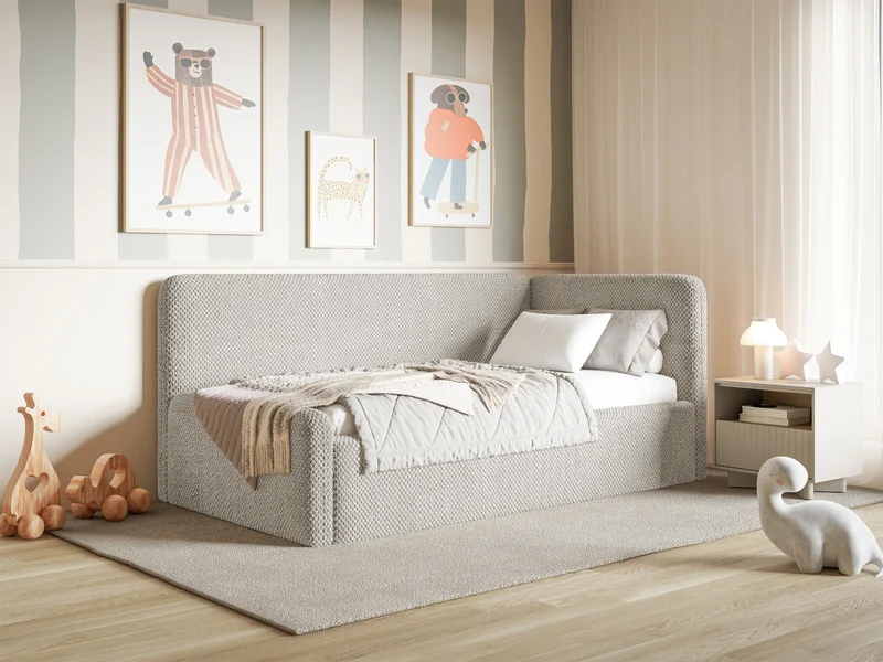 Jugendbett 120x200 cm Fanklo rechtsseitig mit Stauraum, grau-beiger hydrophober Plüsch