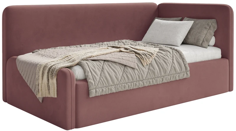 Jugendbett 120x200 cm Fanklo rechtsseitig mit Matratze und Stauraum, rosa Velours, wasserabweisend und leicht zu reinigen