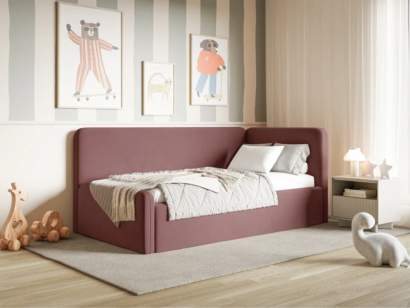 Jugendbett 120x200 cm Fanklo rechtsseitig mit Matratze und Stauraum, rosa Velours, wasserabweisend und leicht zu reinigen
