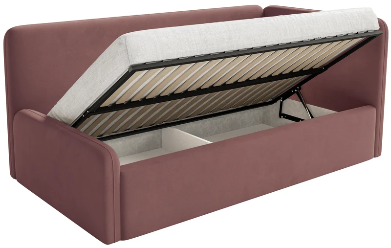 Jugendbett 120x200 cm Fanklo rechtsseitig mit Matratze und Stauraum, rosa Velours, wasserabweisend und leicht zu reinigen