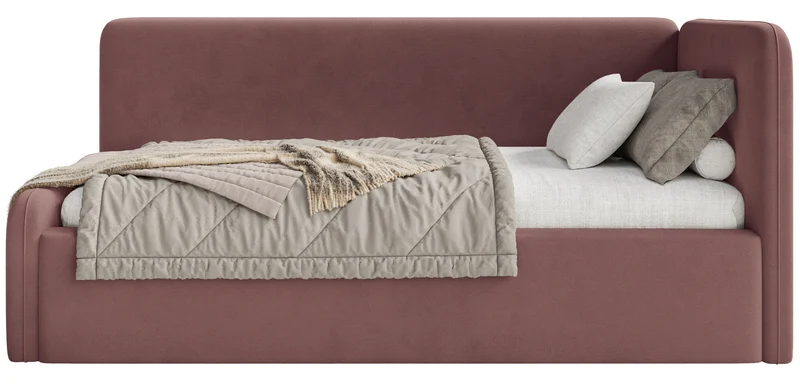 Jugendbett 120x200 cm Fanklo rechtsseitig mit Matratze und Stauraum, rosa Velours, wasserabweisend und leicht zu reinigen