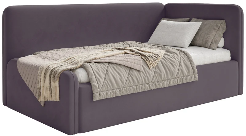 Jugendbett 120x200 cm Fanklo rechtsseitig mit Stauraum, violetter Samt, wasserabweisend und leicht zu reinigen