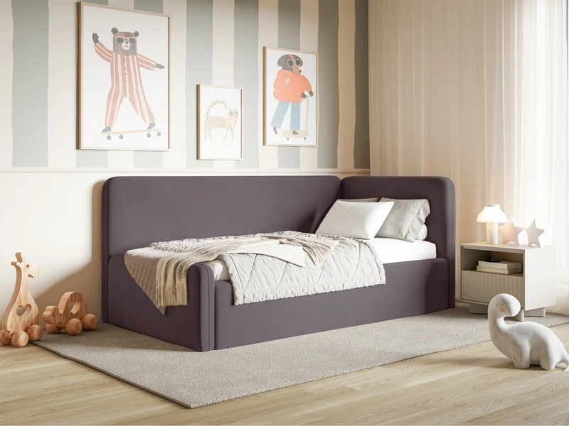 Jugendbett 120x200 cm Fanklo rechtsseitig mit Stauraum, violetter Samt, wasserabweisend und leicht zu reinigen