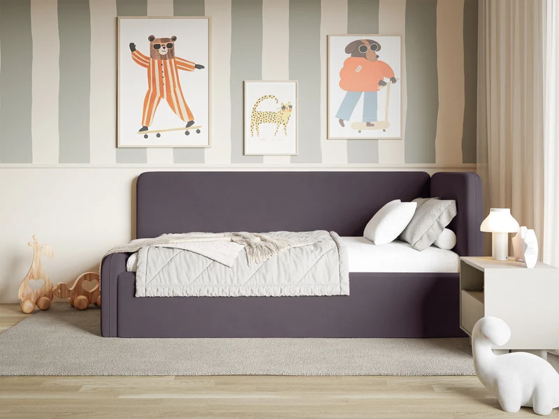 Jugendbett 120x200 cm Fanklo rechtsseitig mit Stauraum, violetter Samt, wasserabweisend und leicht zu reinigen