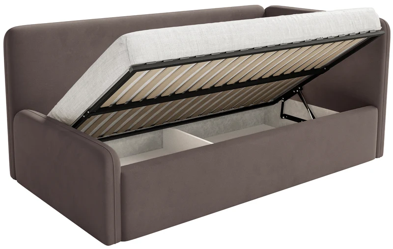 Jugendbett 120x200 cm Fanklo rechtsseitig mit Matratze und Stauraum, brauner Velours, wasserabweisend und leicht zu reinigen