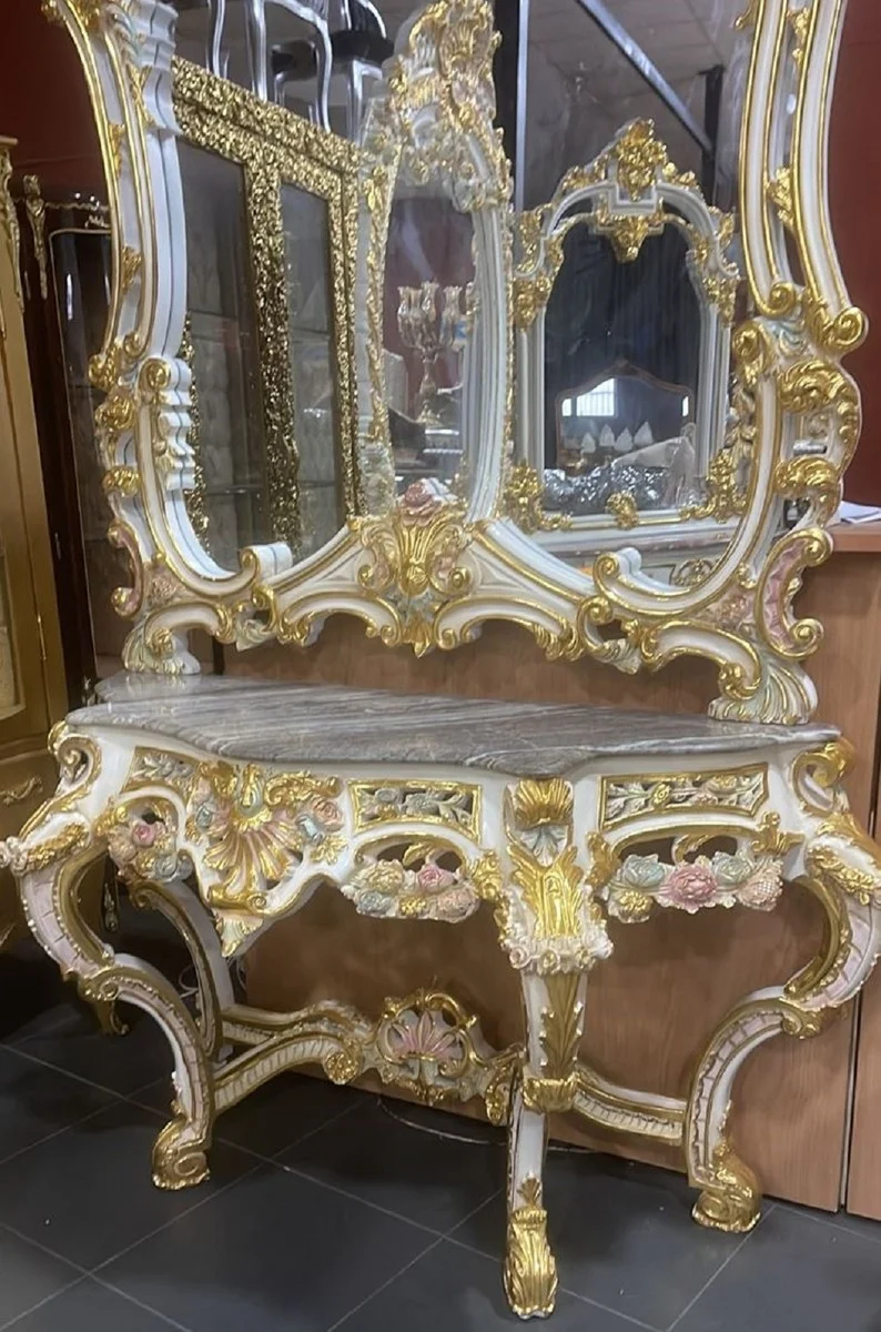 Casa Padrino Barock Spiegelkonsole mit Marmorplatte Weiß / Mehrfarbig / Gold / Grau - Prunkvolle Barock Konsole mit Spiegel - Garderoben Möbel Barockstil - Barock Möbel - Antik Stil Möbel
