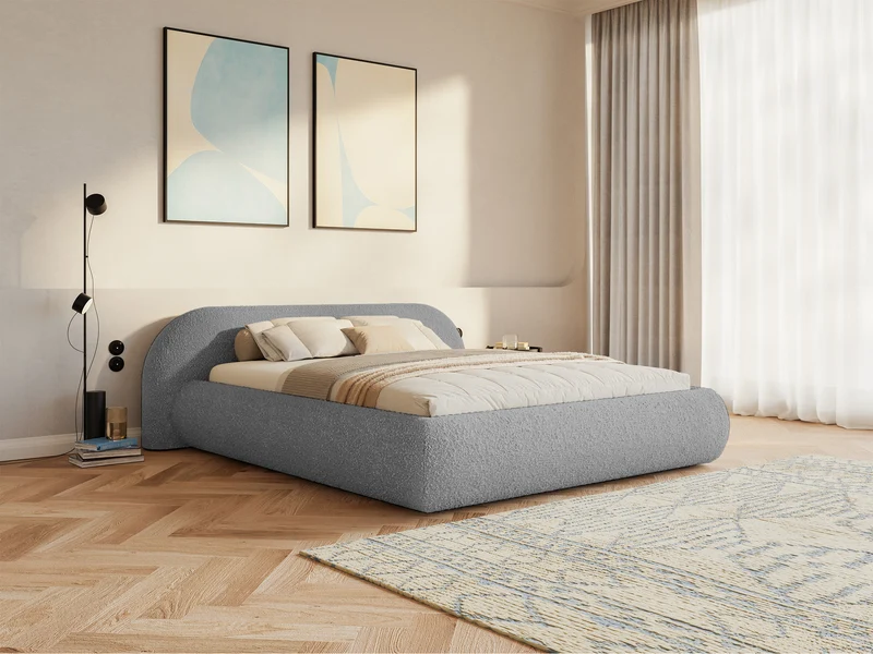 Gepolstertes Bett 140x200 cm Shels Low mit Stauraum, Metallrahmen, grauer Bouclé-Stoff
