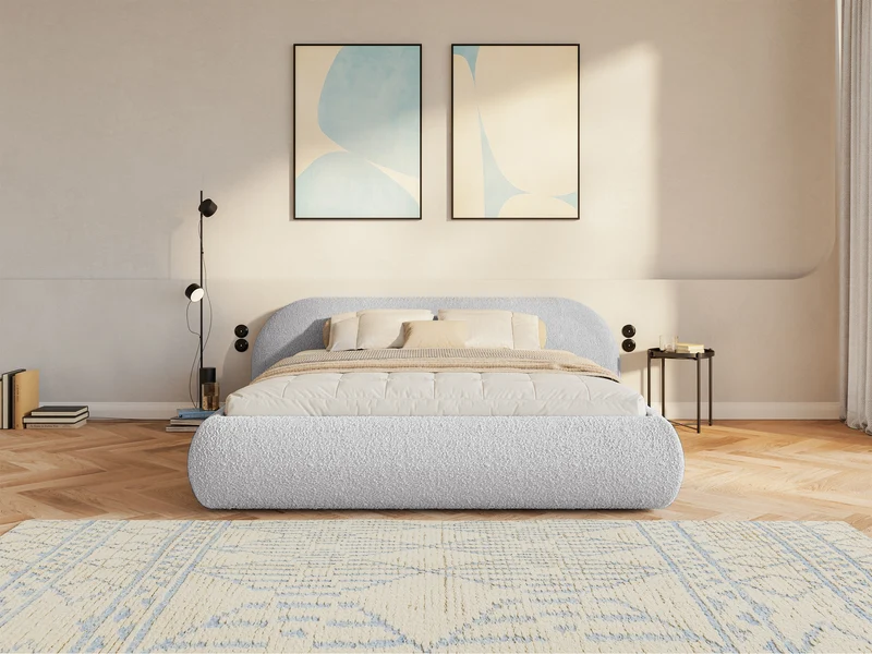 Polsterbett 160x200 cm Shels Low mit Stauraum, Metallrahmen, hellgrauer Bouclé-Stoff