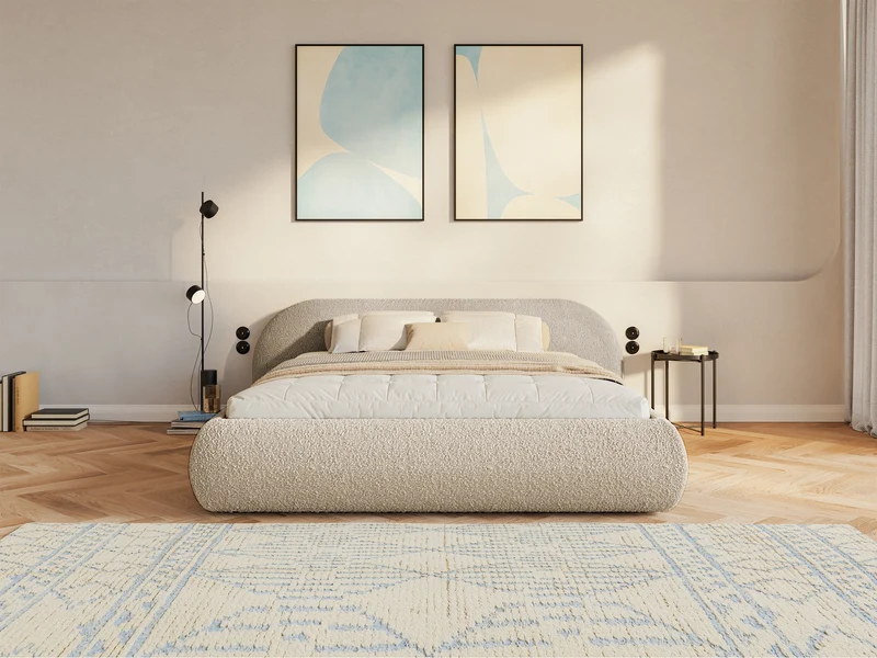 Polsterbett 180x200 cm Shels Low mit Stauraum, Metallrahmen, hellbeiges Bouclé