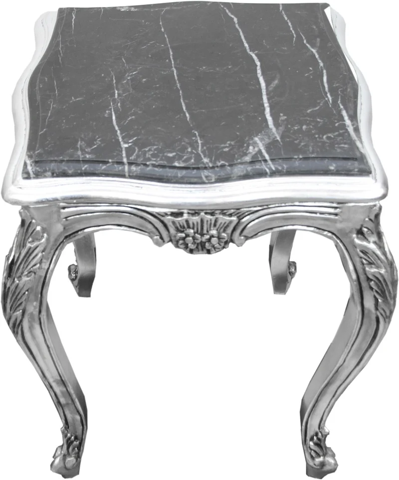 Casa Padrino Barock Beistelltisch Silber mit schwarzer Marmorplatte 52 x 52 x H. 65 cm - Barockmöbel Beistell Tisch