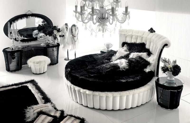 Casa Padrino Luxus Barock Rundbett Weiß / Schwarz - Rundes Barock Bett mit Matratze - Prunkvolle Barock Schlafzimmer & Hotel Möbel - Erstklassische Qualität - Made in Italy
