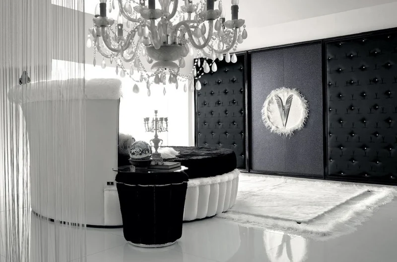 Casa Padrino Luxus Barock Rundbett Weiß / Schwarz - Rundes Barock Bett mit Matratze - Prunkvolle Barock Schlafzimmer & Hotel Möbel - Erstklassische Qualität - Made in Italy