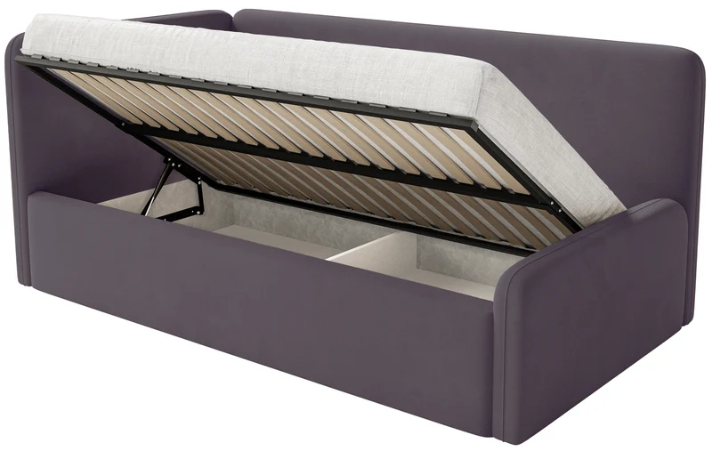 Jugendbett 120x200 cm Fanklo linksseitig mit Matratze und Stauraum violetter Velours, wasserabweisend und pflegeleicht