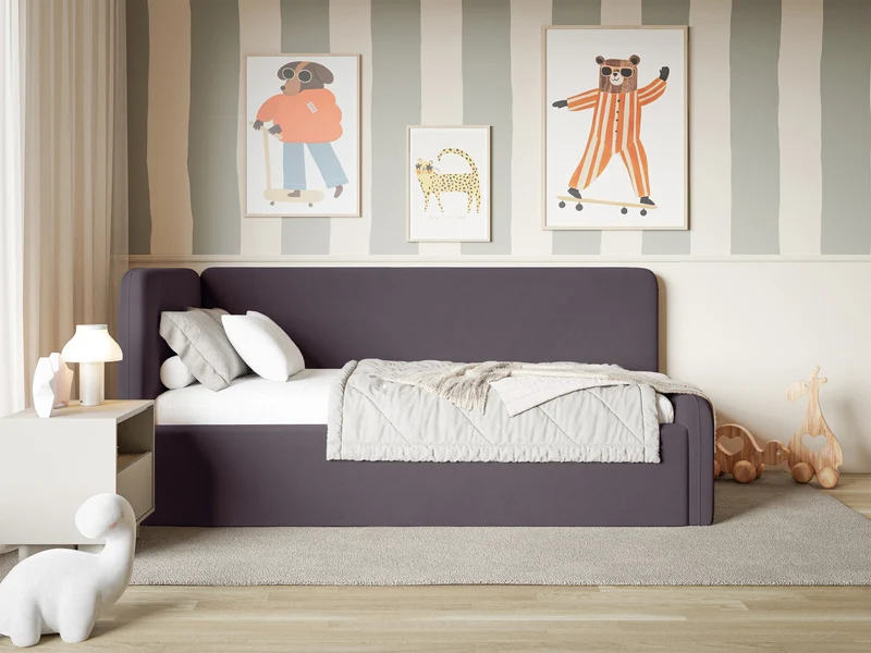 Jugendbett 120x200 cm Fanklo linksseitig mit Matratze und Stauraum violetter Velours, wasserabweisend und pflegeleicht