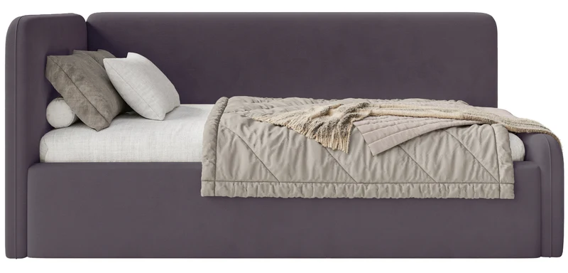 Jugendbett 120x200 cm Fanklo linksseitig mit Matratze und Stauraum violetter Velours, wasserabweisend und pflegeleicht