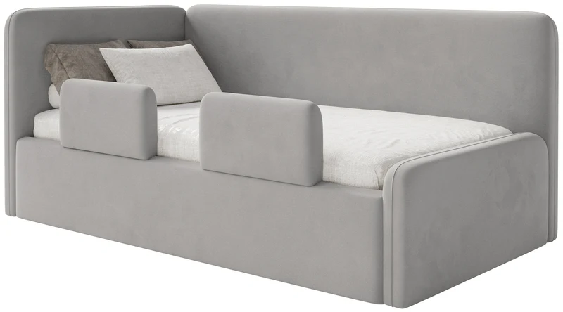 Jugendbett 120x200 cm Fanklo linksseitig mit Matratze, Stauraum und hellgrauen, wasserabweisenden, pflegeleichten Samt-Gittern
