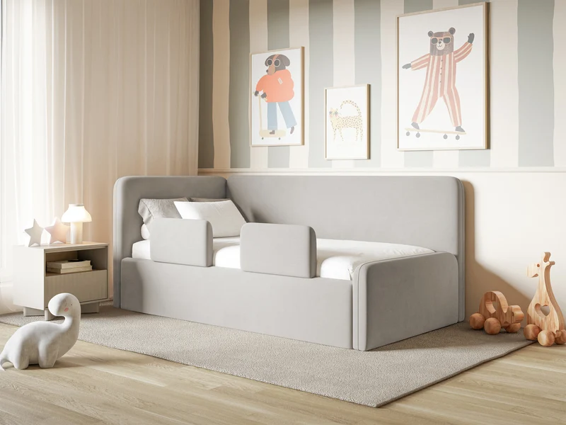 Jugendbett 120x200 cm Fanklo linksseitig mit Matratze, Stauraum und hellgrauen, wasserabweisenden, pflegeleichten Samt-Gittern