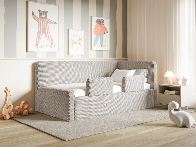 Jugendbett 120x200 cm Fanklo rechtsseitig mit Matratze, Stauraum und Geländern, hellgraubeiger Plüsch, wasserabweisend