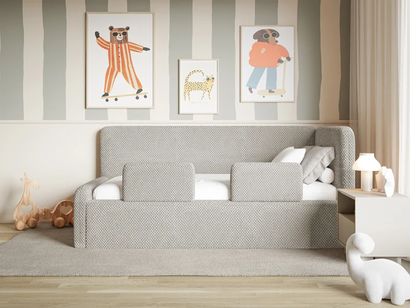 Jugendbett 120x200 cm Fanklo rechtsseitig mit Matratze, Stauraum und Geländern, hellgraubeiger Plüsch, wasserabweisend