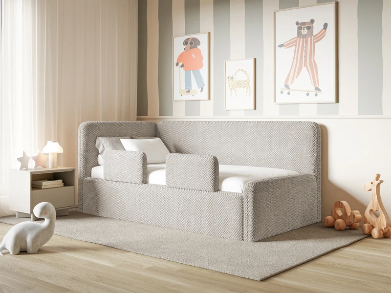 Jugendbett 120x200 cm Fanklo linksseitig mit Matratze, Stauraum und Schutzgittern, grau-beige Plüsch, wasserabweisend