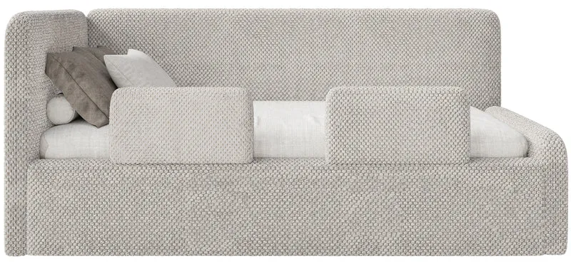 Jugendbett 120x200 cm Fanklo linksseitig mit Matratze, Stauraum und Schutzgittern, grau-beige Plüsch, wasserabweisend