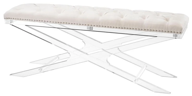 Casa Padrino Luxus Acryl Sitzbank mit Naturfarbenem Samtstoff 120 x 40 x H. 48,5 cm - Designermöbel