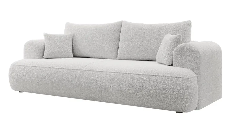 Dreisitziges ausklappbares Sofa Ovo mit Stauraum, grauer Bouclé-Stoff