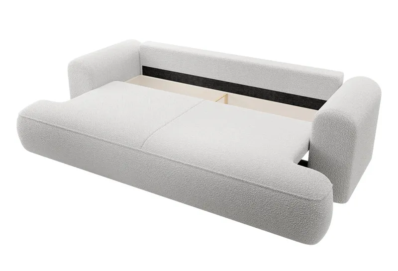 Dreisitziges ausklappbares Sofa Ovo mit Stauraum, grauer Bouclé-Stoff