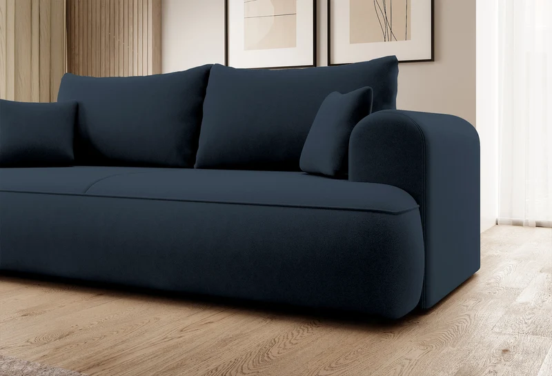 Dreisitziges Schlafsofa Ovo mit Stauraum, marineblauer Velours aus leicht zu reinigendem Stoff