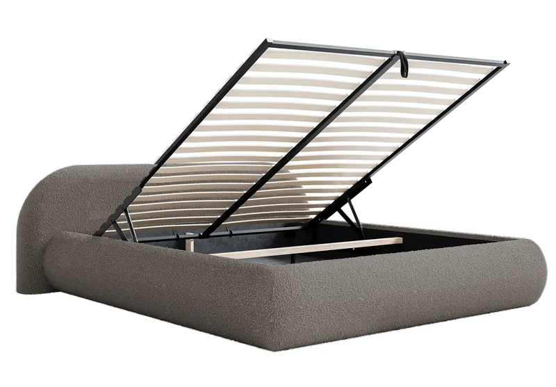 Polsterbett 180x200 cm Shels Low mit Stauraum, Metallrahmen, braunes Bouclé