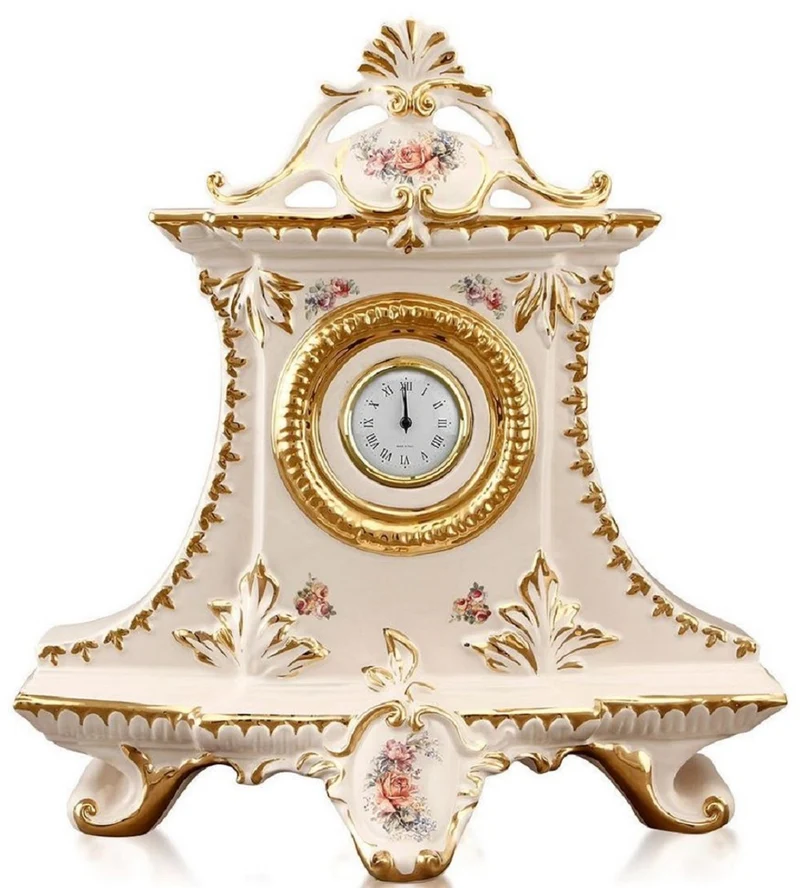 Casa Padrino Jugendstil Tischuhr Cremefarben / Gold / Mehrfarbig 43 x 16 x H. 45 cm - Barock & Jugendstil Deko Accessoires