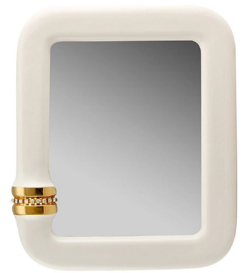 Casa Padrino Luxus Spiegel Elfenbeinfarben / Gold 70 x 8 x H. 80 cm - Rechteckiger Keramik Wandspiegel mit Kristallglas Kette - Luxus Qualität