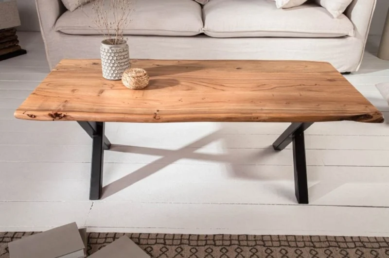 Casa Padrino Massivholz Couchtisch mit Metallbeinen Naturfarben / Schwarz 118 x 60 x H. 40 cm - Rechteckiger Wohnzimmertisch - Massivholz Wohnzimmer Möbel