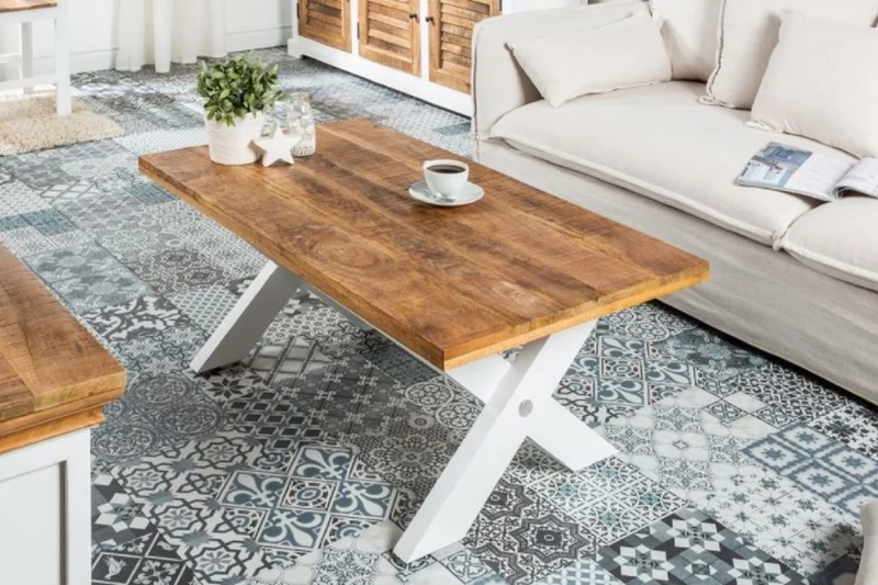 Casa Padrino Landhausstil Couchtisch Naturfarben / Weiß 110 x 60 x H. 45 cm - Handgefertigter Massivholz Wohnzimmertisch - Wohnzimmer Möbel im Landhausstil