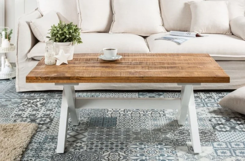 Casa Padrino Landhausstil Couchtisch Naturfarben / Weiß 110 x 60 x H. 45 cm - Handgefertigter Massivholz Wohnzimmertisch - Wohnzimmer Möbel im Landhausstil