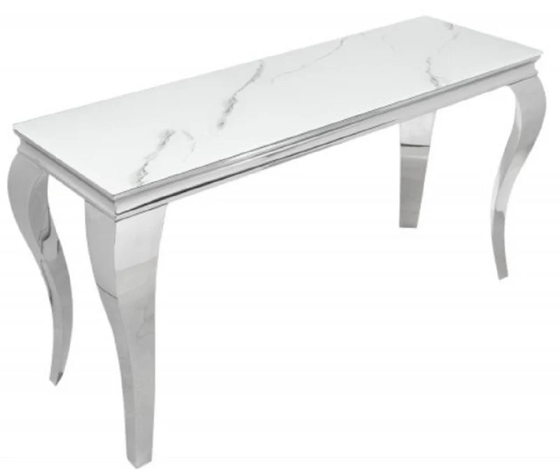 Casa Padrino Designer Konsole Weiß / Grau / Silber 145 x 50 x H. 75 cm - Rechteckiger Edelstahl Konsolentisch mit digitalbedrucktem Sicherheitsglas in Marmoroptik - Moderne Barock Möbel