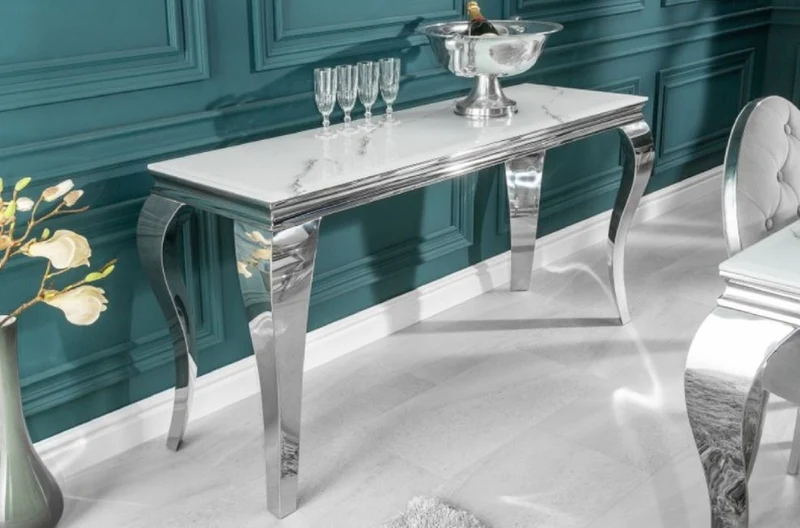 Casa Padrino Designer Konsole Weiß / Grau / Silber 145 x 50 x H. 75 cm - Rechteckiger Edelstahl Konsolentisch mit digitalbedrucktem Sicherheitsglas in Marmoroptik - Moderne Barock Möbel