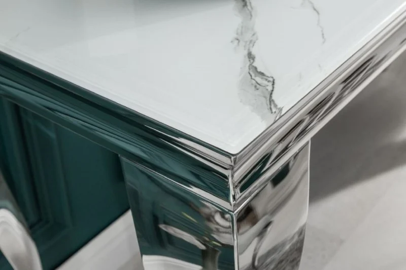 Casa Padrino Designer Konsole Weiß / Grau / Silber 145 x 50 x H. 75 cm - Rechteckiger Edelstahl Konsolentisch mit digitalbedrucktem Sicherheitsglas in Marmoroptik - Moderne Barock Möbel