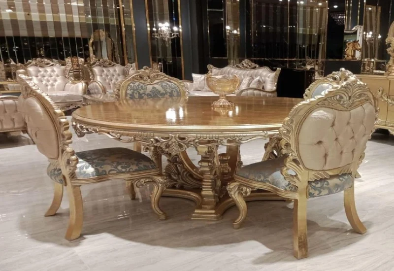 Casa Padrino Luxus Barock Esszimmer Set Türkis / Rosa / Gold - 1 Barock Esstisch & 4 Barock Esszimmerstühle - Esszimmer Möbel im Barockstil - Edel & Prunkvoll